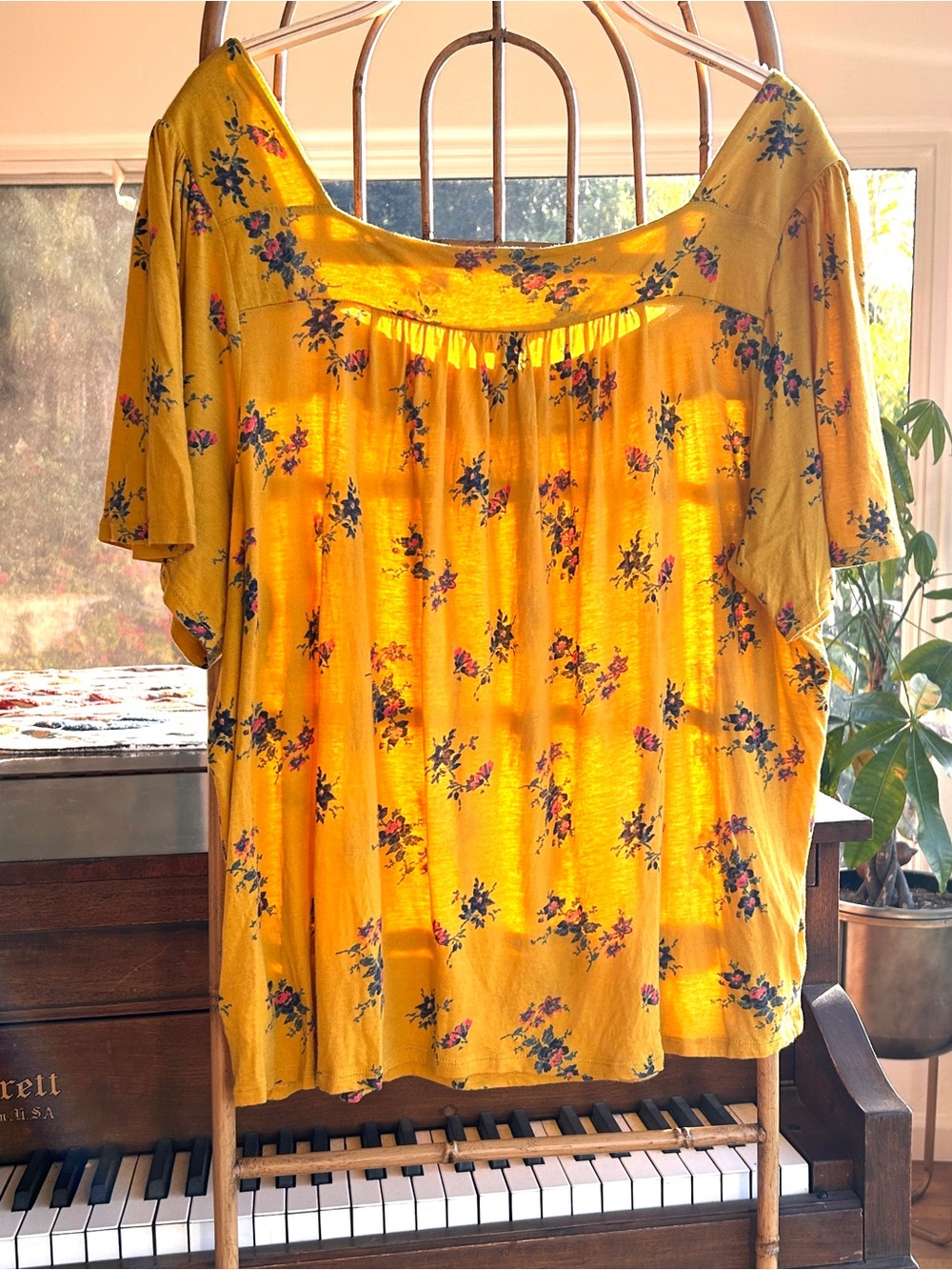 Lucky Brand Yellow Floral Square Neck Short Flutter Sleeve Top Size XXL
